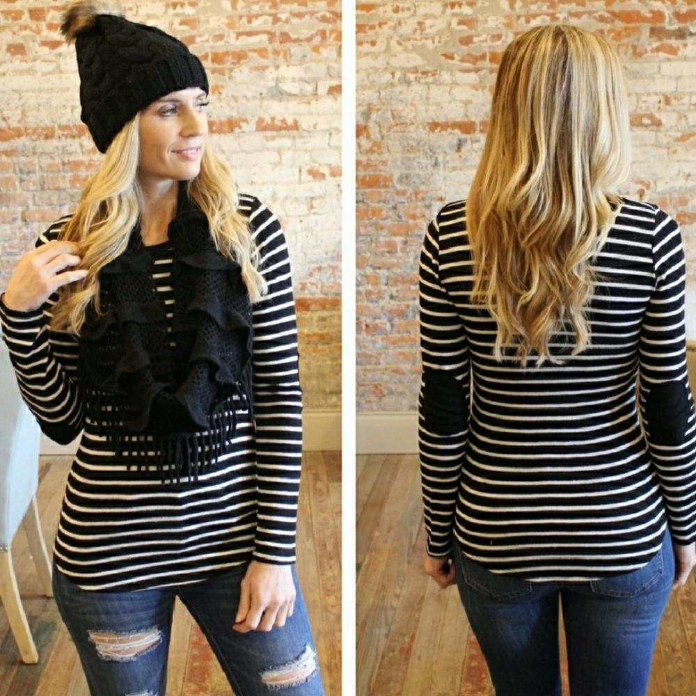 Black & White Elbow Patch Hacci Sweater Knit